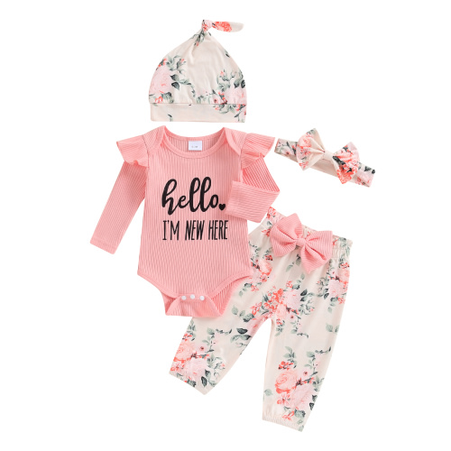 Newborn Baby Girl Clothes Hello I'm New Here Letter Romper+Floral Pants+Hat+Headband+Coming Home Outfits