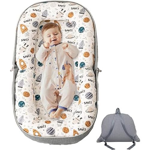 Baby Lounger, Foldable Infant Nest Pillow with Soft Memory Foam Mat, Cover with Adorable Pattern, Converts to Backpack for Easy Travel, 0-12 Months, Rocket