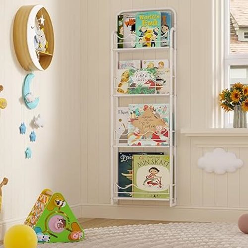 BBLIKE Kids Bookshelf for Wall - 4 Tier Wall Mounted Nursery Book Shelf, White Hanging Bookshelf for Books and Toys Storage, Wave Book Shelf Organizer for Kids Bedroom, Living Room(Wood Layer)