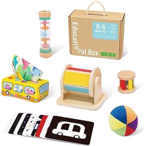 TOOKYLAND Montessori Toys for Babies 0-6 Months, 6 in 1 Learning Educational Set Newborn Toys including Sensory Ball, Rain Stick, Baby Roller, Spinning Drum, Black and White Cards, Tissue Box.