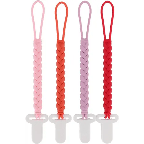 4-Pack Silicone Pacifier Clips with a Woven Rope Shape for Baby Boys and Girls - Flexible and Rust-Free Holders for Teething Relief and Baby Essentials, Safe for Newborns (Pink)