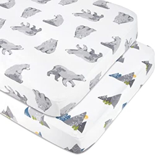 Standard Microfiber Fitted Crib Sheets for Baby Girl, Baby Boy, and Neutral, 2 Pack Crib Sheets Crib Essentials for Baby 28x52 Crib Sheets (Bears & Mountains)