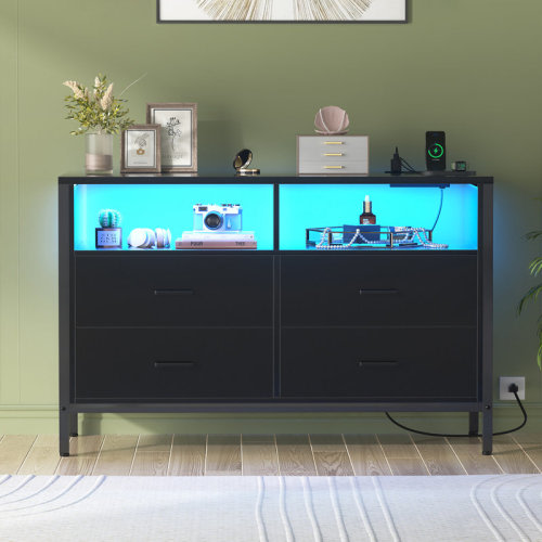Wrought Studio™ Hoston 4 Drawer Dresser With LED Lights And Power Outlets | Wayfair