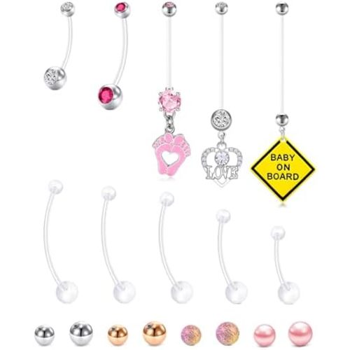 TOKRING Pregnancy Belly Button Rings Plastic Maternity Long Belly Button Rings Bar for Healing Clear Flexible Belly Piercing Retainer with Different Balls for Replacement 18mm 25mm 32mm 35mm 38mm