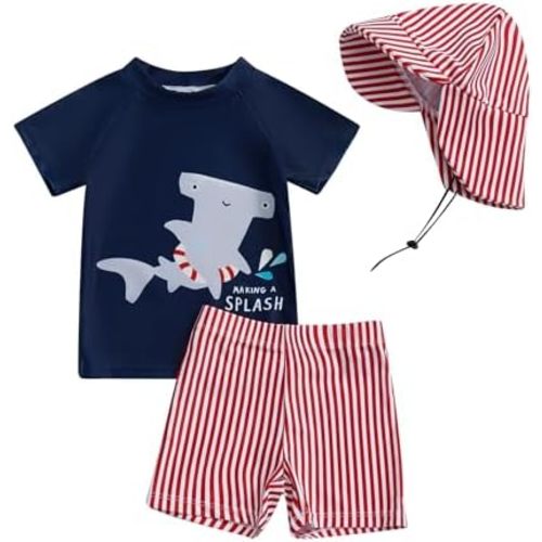 DuAnyozu Baby Boys Swimsuit Long Sleeve Rash Guard Swimwear Baby Boy Swim Trunk with Hat Toddler 4th of July Bathing Suit