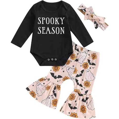Newborn Baby Girl Halloween Clothes Long Sleeve Romper Tops Pumpkin Bell-Bottom Pants Headband Infant Fall Outfits