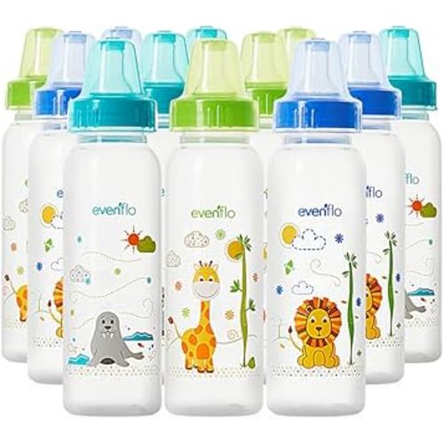 Evenflo Feeding Classic Prints Polypropylene Bottles for Baby, Infant and Newborn - Blue/Green/Teal, 8 Ounce (Pack of 12)