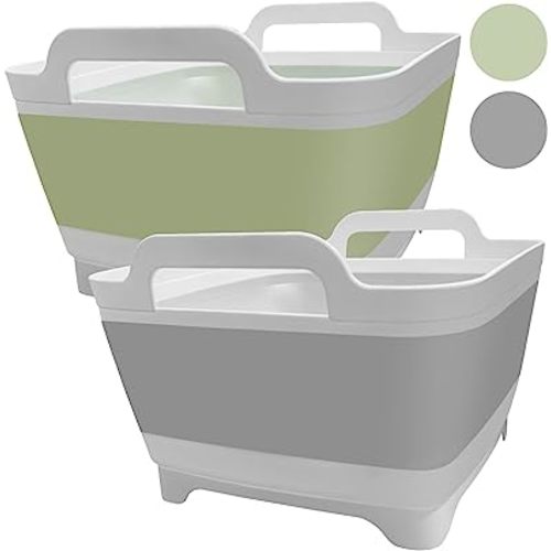 Ikaufen 2PCS Dishpan for Washing Dishes, 9L(2.4Gallon) Collapsible Wash Basin with Drain Plug Carry Handles, Collapsible Bucket for Cleaning, Vegetable Washing, RV(Green + Grey)