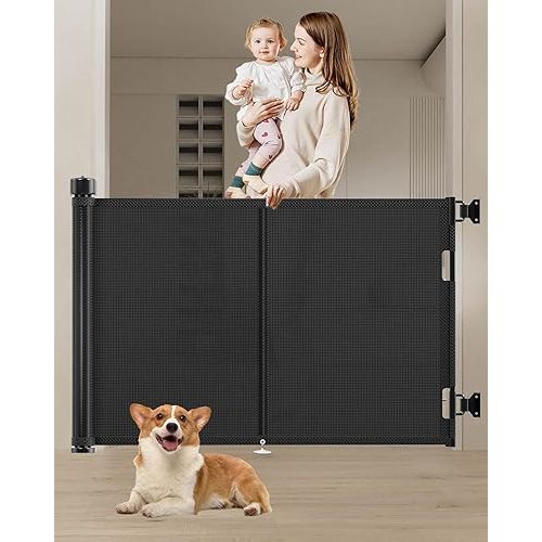 Upgraded 59" Retractable Baby Gates with Reinforced Strip Design to Prevent Crawling Through, 34" Tall Retractable Dog Gate, 5 FT Retractable Gates for Stairs, Doorways, Hallways