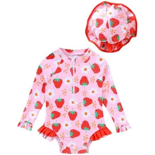 puseky Baby Girls One Piece Swimsuit Zip Rash Guard with Hat Set Swimwear Ruffled Cute Newborn Baby Girl Bathing Suit