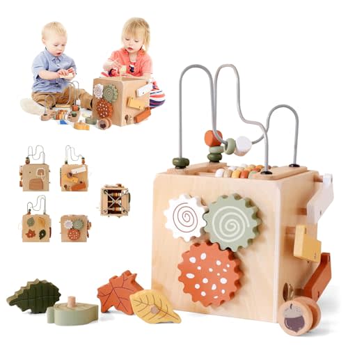 Miollnir Montessori Baby Activity Cube for Toddlers: Large 5-in-1 Wooden Activity Center with Shape Sorter Bead Maze, Educational Abacus Learning Toy for Kids, Sorting & Stacking Board for Boys Girls