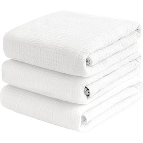 Muslin Swaddle Blankets- 3 Pack 47x47 Inch Large Receiving Blankets, Soft Breathable Cotton Nursery Swaddles for Newborn, Infant & Todler, White