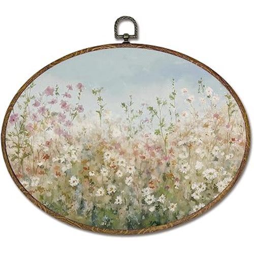 LKETW Vintage Floral Oval Wall Art Decor, Cottagecore Wildflower Oval Canvas Hanging Decor, Rustic Farmhouse Country Botanical Flower Wall Decorations for Home Bedroom Living Room, 8.6x11.4 Inch