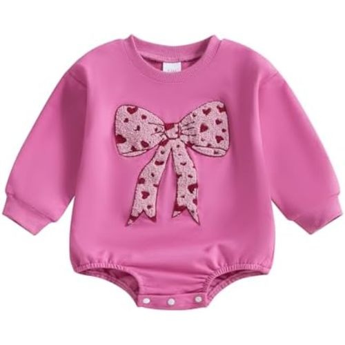 Newborn Baby Girl Fall Outfit Bow Oversized Sweatshirt Bubble Romper Long Sleeve Sweater Bodysuit One-Piece Jumpsuit