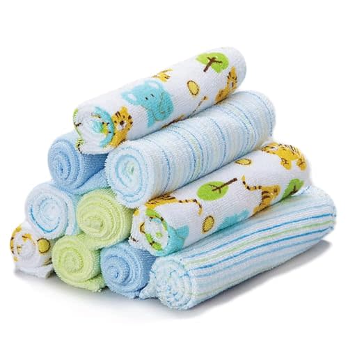 Spasilk 10 Pack Soft Terry Bath Washcloths – Newborn Boy or Girl, Blue Tiger
