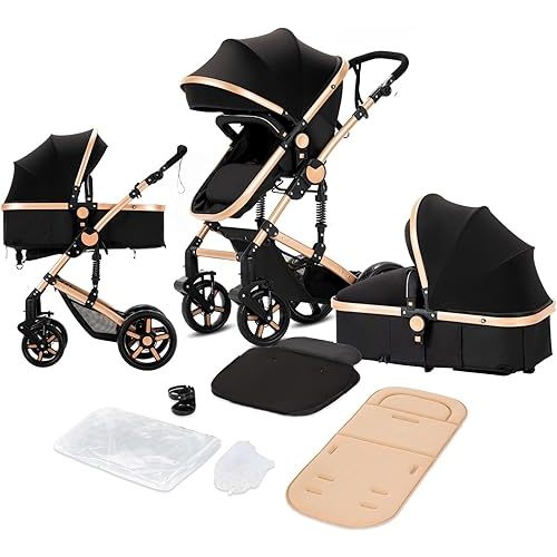 2 in 1 Baby Stroller, Reversible Newborn Foldable Pram, Infant High Landscape Pushchair, Portable Standard Stroller, Reclining Buggy, Baby Carriage (2US588-BG)