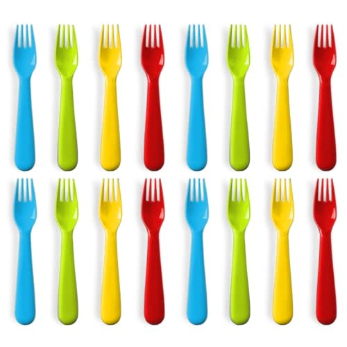 Plaskidy Plastic Kids Forks - Set of 16 Toddler Forks BPA Free/Dishwasher Safe Kids Utensils Set Brightly Colored Kid Forks Flatware Set Great for Kids and Toddlers Fork