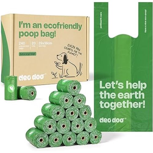 Deo Doo Dog Poop Bags with Handles, 240 Count Large Size, Extra Thick and Leak Proof Refill Rolls for Doggie Waste, Easy Tie and Cleanup, Unscented