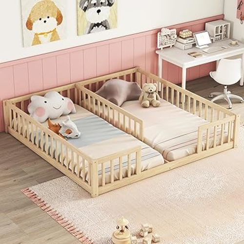 Double Floor Bed for Twins,Two Shared Beds,Twin Size Floor Bed for 2 Kids,Double Twin Bed with Guardrails for Girls,Boys,Natural
