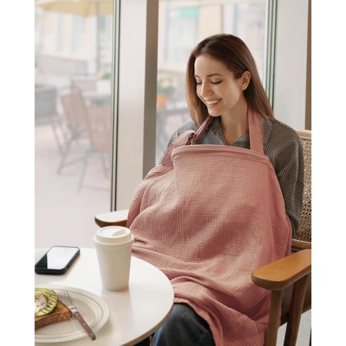 Blissful Diary Muslin Nursing Cover for Breastfeeding, Breathable Breastfeeding Cover up with Arch Neckline for Women, Nursing Apron (Dusty Pink)