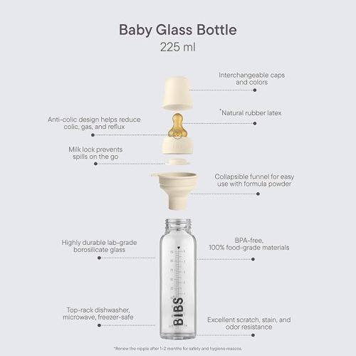 BIBS Baby Glass Bottle Complete Set 225 ml | BPA Free Natural Rubber | Made in Denmark | Ivory
