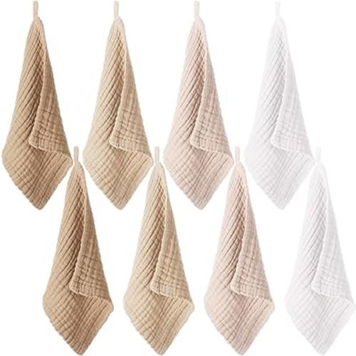 8 Pcs Baby Washcloths for Newborn 12 x 12 Inch Muslin Face Towels Cotton Absorbent for Delicate Skin Soft Muslin Cloth Reusable Baby Registry as Shower Gift, 4 Colors (Light Color)