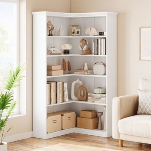 Acekool 72.8" Tall Farmhouse 5-Tier Corner Bookshelf L-Shaped Wooden Display Shelf with Back Panel, Storage Rack for Living Room