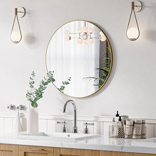 30 inch Round Mirror, Gold Metal Frame Circle Mirror w/Brushed, Modern Wall Decoration for Bathroom, Living Room, Vanity, Bedroom, Entryway