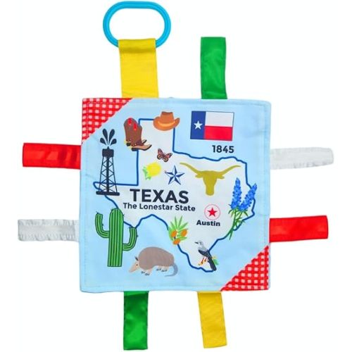 Baby Jack & Co 8x8” Learning Lovey Texas State Tag Stroller Toy for Babies - Crinkle Toys for Developing Five Senses - Learn About Capitals - Travel with Baby Jack - BPA Free Clip
