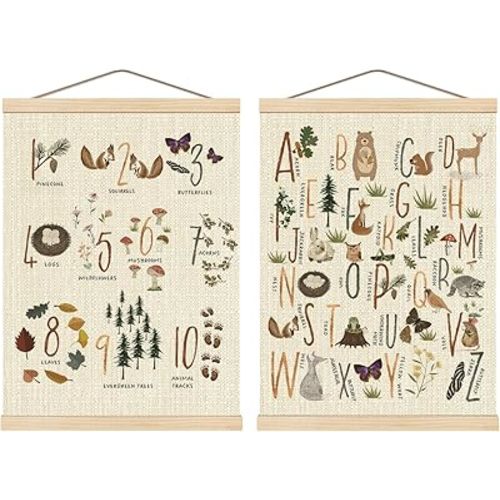 Boat Wades Woodland Numbers Animals Alphabet Poster Hanger Frame Set of 2,Woodland Forest Animal ABC 123 Educational Wall Art Hanging Banner Decor for Nursery Playroom Classroom Homeschool,12x16