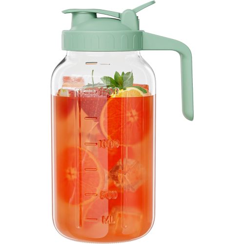Glass Mason Jar Pitcher, 64 oz Wide Mouth Jug with Pour Spout Handle Lid for Cold Brew Coffee, Ice Beverage, Iced Juice, Lemonade, Sun Tea, Fruit Drinks Container（Green）
