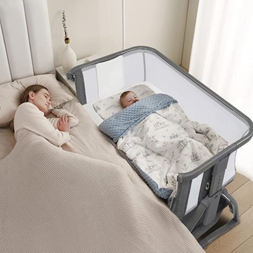 JOYMOR Bedside Sleeper Rocking Bassinet, Height Adjustable Breathable Net Bed Side Baby Cribs with Washable Mattress,Mosquito Net,Storage Basket for Infants, Gray - Grey