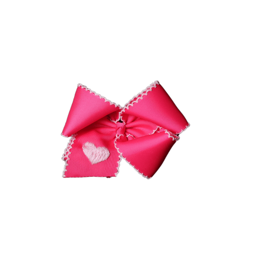 Embroidered Heart Scalloped Edge Grosgrain Bow Pink