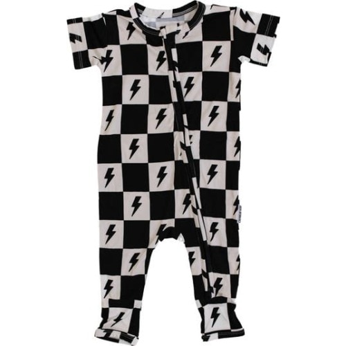 Checkered Lightning Bolt Short Sleeze Zip Romper, 3-6M