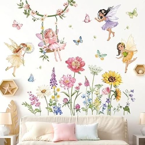 decalmile Flower Fairy Wall Decals Butterfly Girl with Wildflower Sunflower Wall Stickers Girls Bedroom Baby Nursery Kids Room Wall Decor
