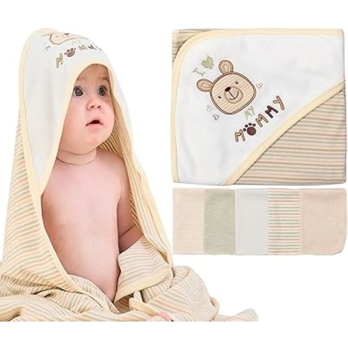 6-Pack Organic Cotton Baby Hooded Towel & Washcloths Set - Ultra Soft, Reusable, for Newborns, Perfect for Infants & Toddlers, Unisex Gifts, White Bear, 30 x 30 Inches