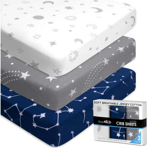 GROW WILD Crib Sheets For Boys or Girls | 3 Pack Soft Stretchy Jersey Cotton Fitted Crib Sheet Neutral | Grey White Navy Blue Baby Crib Sheets For Girl, Crib Mattress Sheet or Toddler Bed Sheets