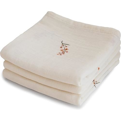 mushie Muslin Baby Cloths | 100% Organic Cotton | 23.5" x 23.5" (Flowers) 3-Pack