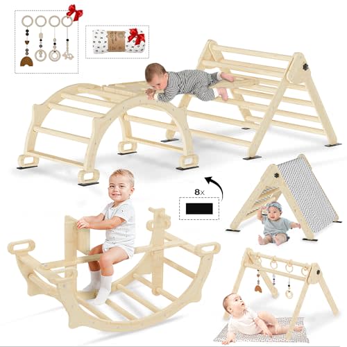 8 in 1 Pikler Triangle Set, Foldable Baby Climbing Wooden Toys with Detachable Seesaw, Arch&Ramp&Ladder, Montessori Climbing Set, Toddler Climbing Toys Indoor Climbing Gym, All Natural Wood