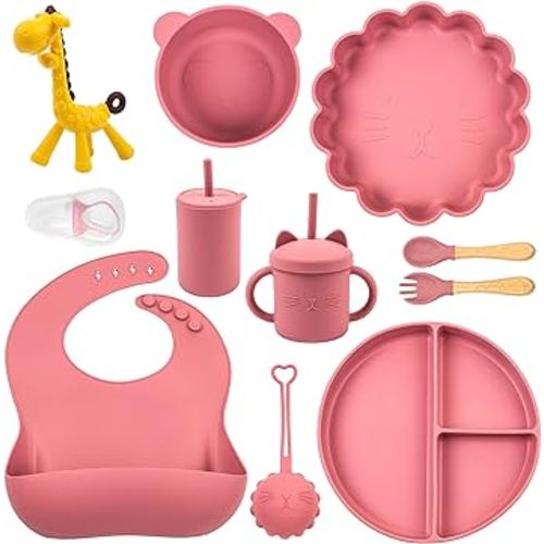 Baby Feeding Supplies Set of 11 – Ultra Soft Silicone Baby Utensils – Colorful Baby Led Weaning Supplies with Spoons, Bibs, Bowls – Comfortable and Safe Baby Plates (Pink)