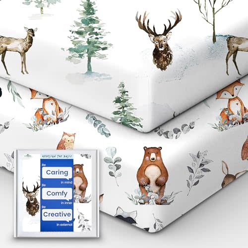 Crib Sheet Netural, Premium Soft Jersey Knit Fitted Crib Sheet, Crib Mattress Sheet, 28''x52''x9'' Extra Deep Pocket (Deer & Bear)