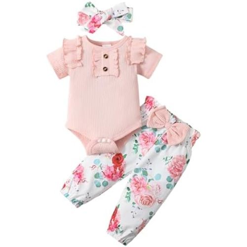 SUNNY PIGGY Baby Girl Clothes Infant Newborn Outfits Ruffle Short Sleeve Romper Tops Floral Pants Set With Headband