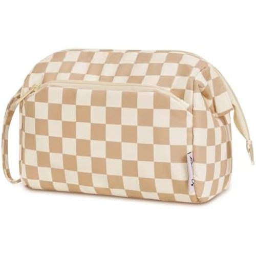 Narwey Large Checkered Makeup Bag Women Wide-open Make up Bag Travel Cosmetic Bag Organizer Toiletry Bag for Cosmetics Toiletries Accessories (Light Checkerboard)