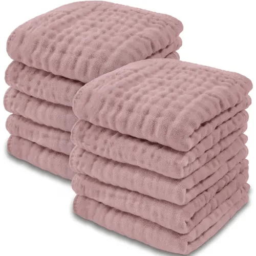 Comfy Cubs Muslin Baby Washcloths 10 Pack - Soft 6-Layer Cotton Wash Cloths for Sensitive Skin - 10"x10" Large, Gentle, Absorbent Infant Essentials for Newborn and Toddlers - Mauve