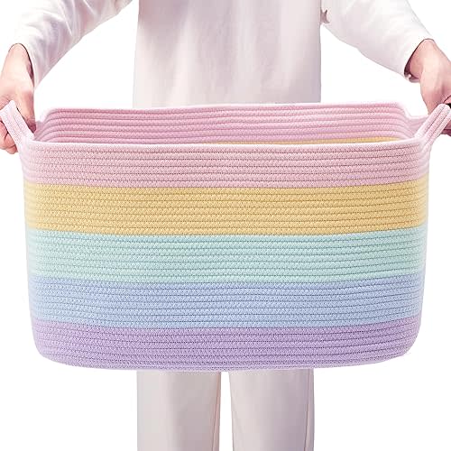 75L Extra Large Rainbow Cotton Rope Storage Basket for Blanket Rectangle Woven Basket for Toys Clothes laundry in Living Room Bedroom for Baby Nursery Kids Toy Box for Girls
