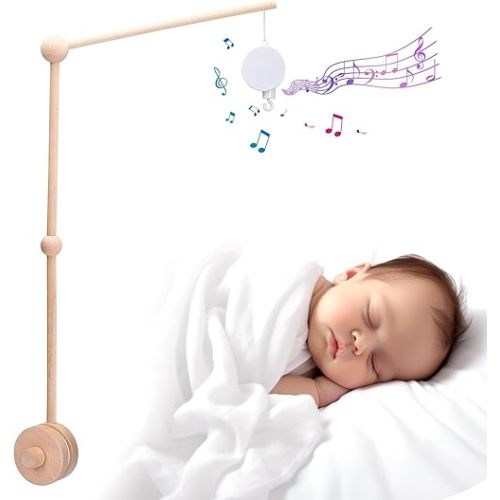 Baby Crib Mobile Arm Wooden Holder with Rotating Music Box Nursery Decor Attachment Safe Anti Slip Set for Baby Girls Boys Nursery Decor