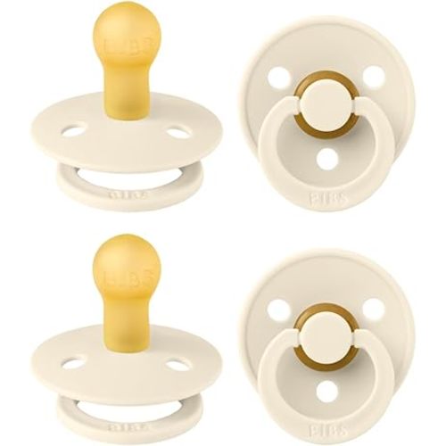 BIBS Colour Pacifier 4-Pack, BPA Free Dummy Pacifier, Round Nipple. Natural Rubber Latex, Made in Denmark, Size 1 (0-6 Months), Ivory