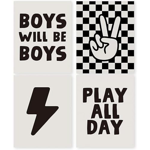 HRQKO Boys Room Wall Art Set of 4, Kids Positive Boys Play All Day Posters Printing Wall Decor, Black Checkered Hand Prints for Nursery Playroom 8”x10” Unframed