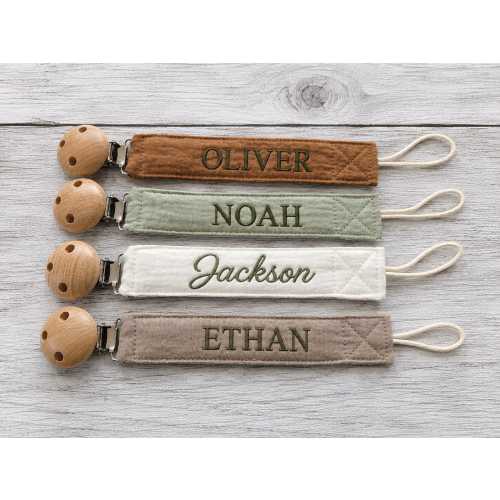 Personalized Muslin Pacifier Clip, Custom Baby Paci Holder, Wooden Clip, Baby Shower Gift, Newborn Gift, Gender Neutral  Accessory