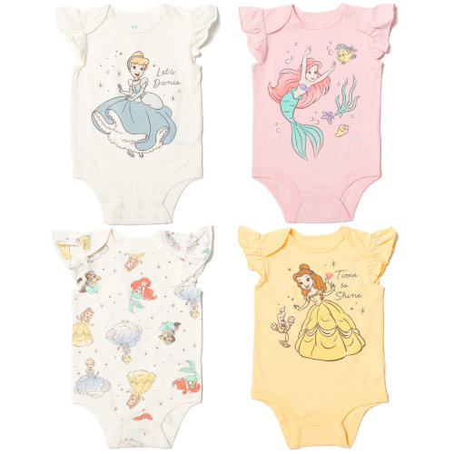 Disney Princess Belle Cinderella Ariel 4 Pack Cuddly Snap Bodysuits made with Organic Cotton Newborn to Infant